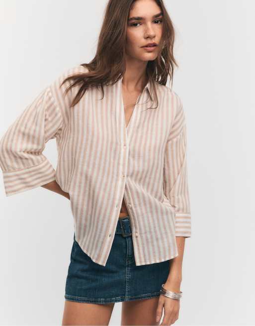 Stradivarius - Overhemd met linnenlook en kimonomouwen in stone, 4 van 4