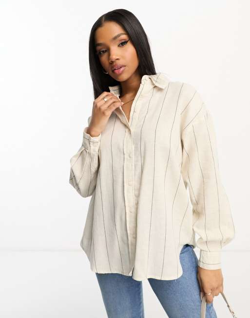 Stradivarius - Overhemd met linnenlook in naturel gestreept
