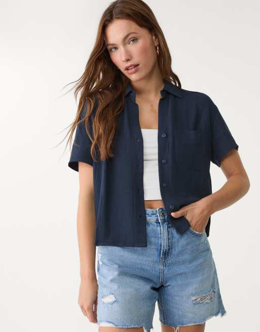 Stradivarius - Overhemd van linnenmix met korte mouwen in marineblauw 