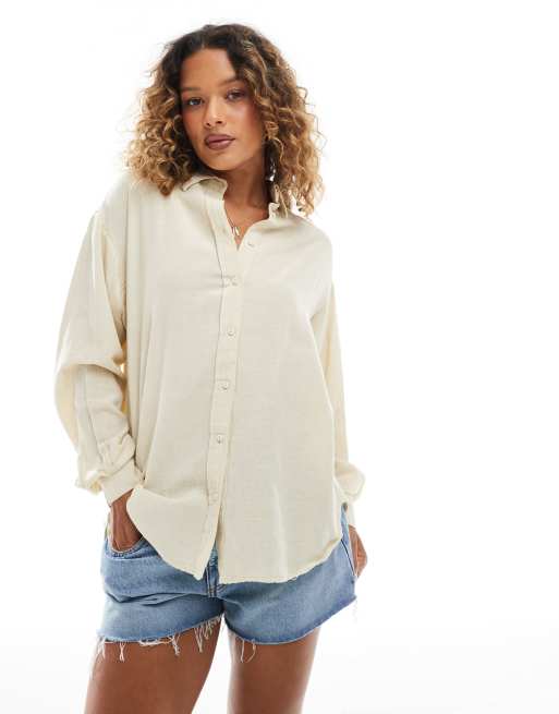 Stradivarius - Overhemd van linnenmix met lange mouwen in lichtbeige