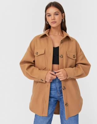 ASOS Stradivarius overshirt shacket in camel