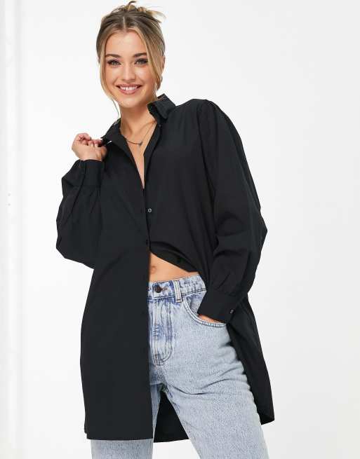 Stradivarius – Oversize-Baumwollhemd in Schwarz 