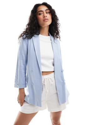 Stradivarius - Oversize-Blazer in blauer Leinenoptik