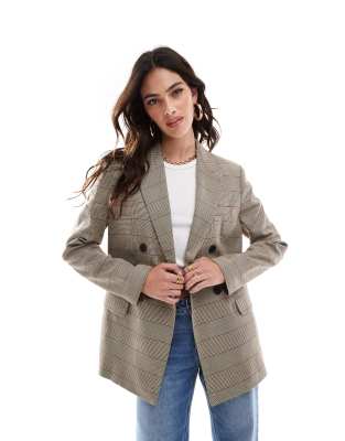 Stradivarius - Oversize-Blazer in kariertem Beige-Neutral