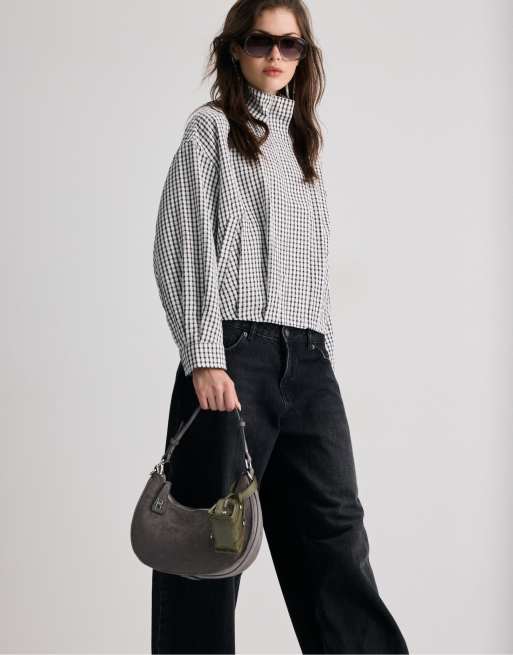 Stradivarius Oversize check print jacket in black, 4 of 7