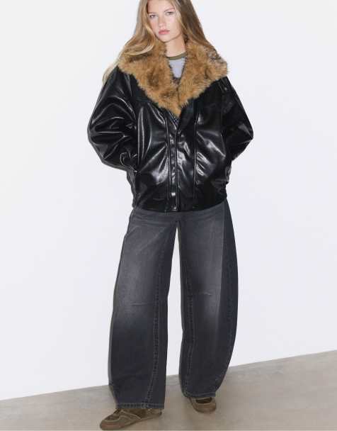 Stradivarius Oversize faux fur collar jacket in black - view 1