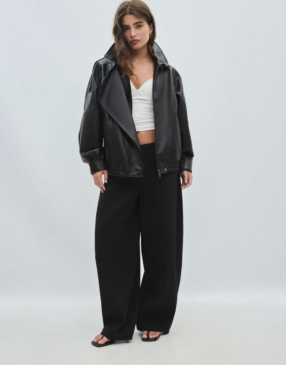 Stradivarius Oversize faux leather biker jacket in black