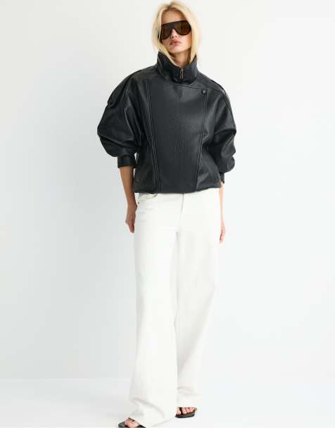 Stradivarius Oversize faux leather biker jacket in black