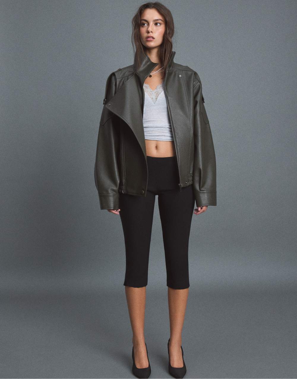 Stradivarius Oversize faux leather biker jacket in khaki