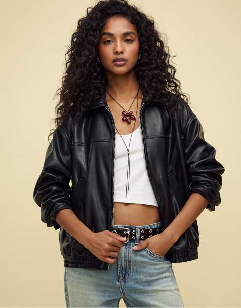 Stradivarius Oversize faux leather jacket in black - view 1
