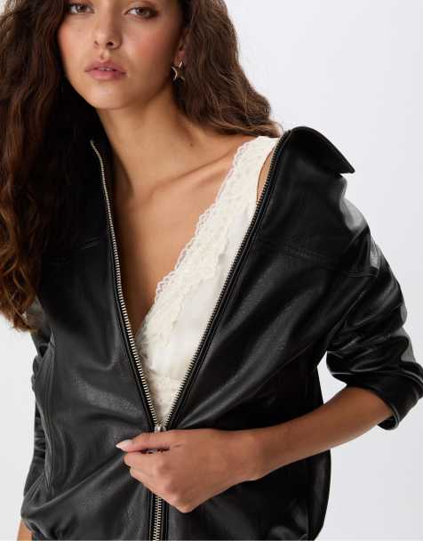 Stradivarius Oversize faux leather jacket in black