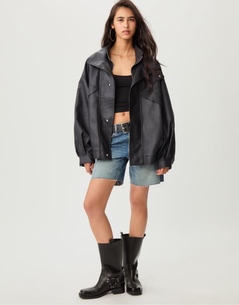 Stradivarius Oversize faux leather jacket in black - view 1