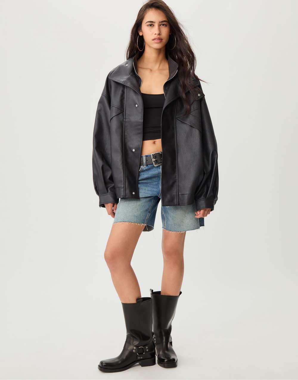 Stradivarius Oversize faux leather jacket in black