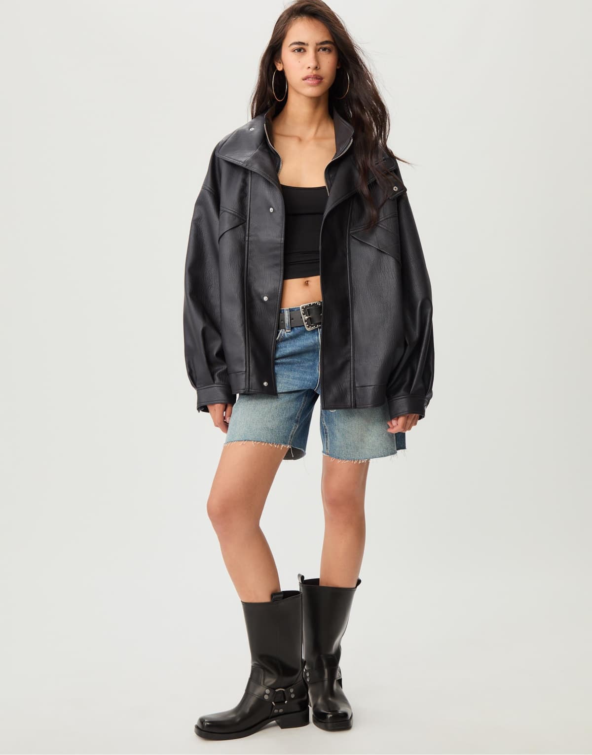 Stradivarius Oversize faux leather jacket in black