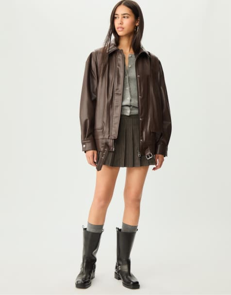 Stradivarius Oversize faux leather jacket in brown - view 1