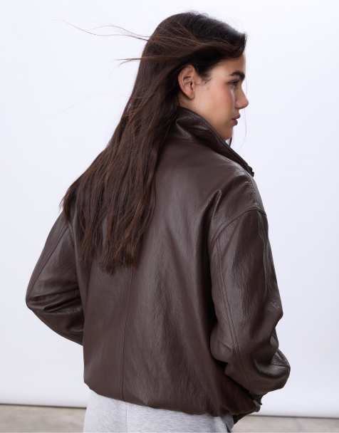 Stradivarius Oversize faux leather jacket in brown - view 1