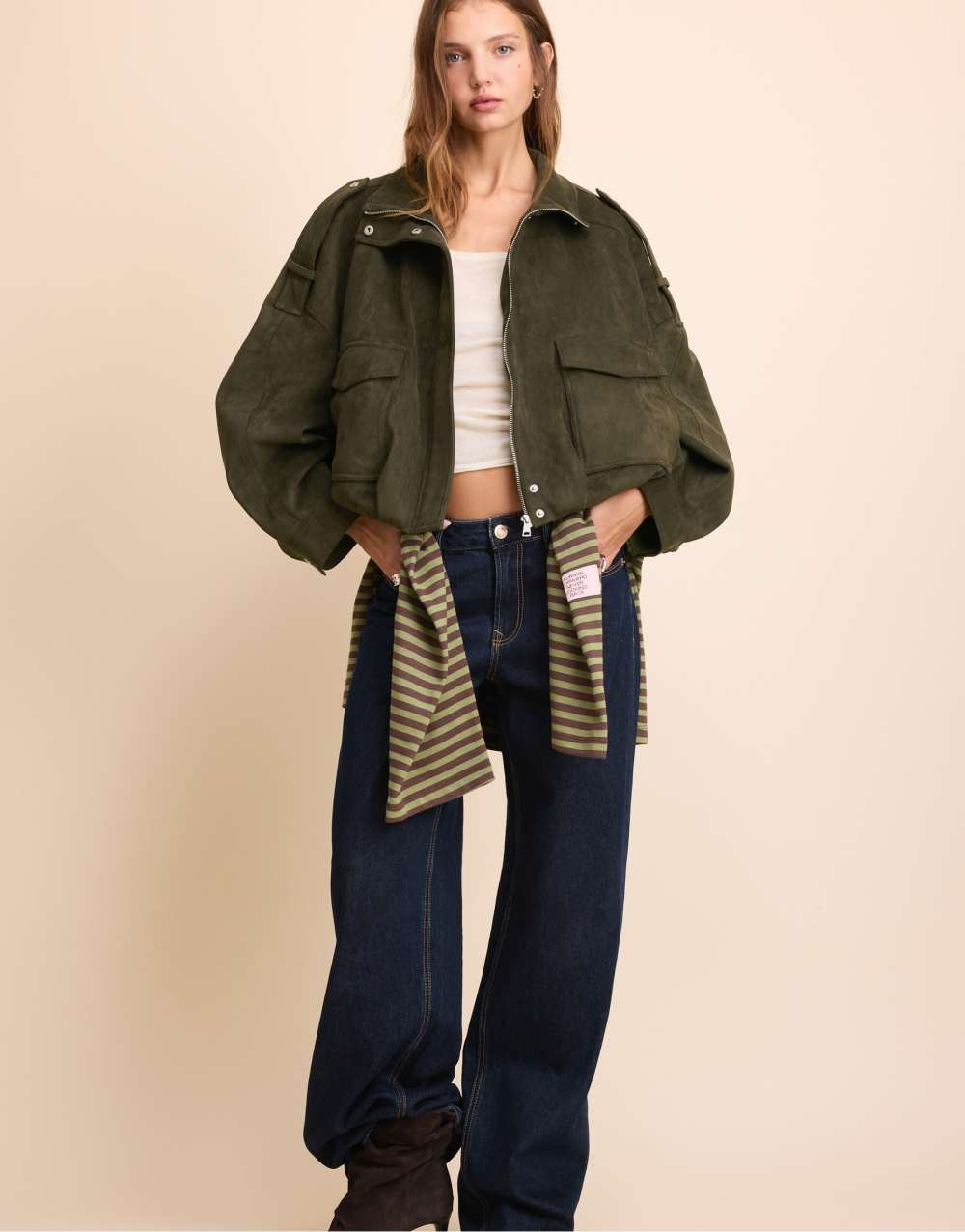 Stradivarius Oversize faux suede jacket in khaki
