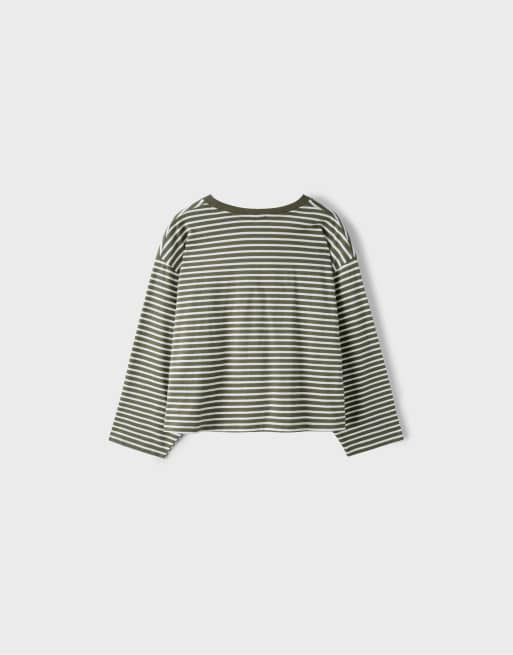 Stradivarius Oversize gestreiftes Langarm-T-Shirt in Khaki, 7 von 7