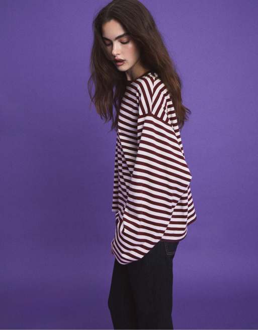 Stradivarius Oversize gestreiftes langärmliges T-Shirt in Lila, 2 von 7