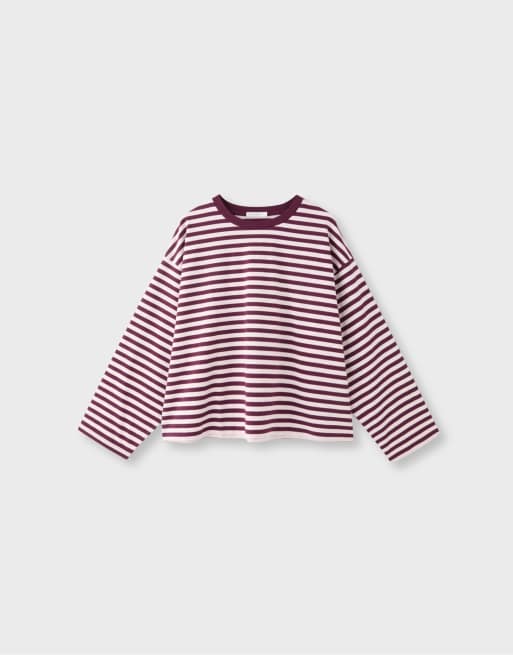 Stradivarius Oversize gestreiftes langärmliges T-Shirt in Lila, 6 von 7