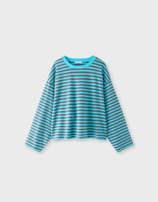 Stradivarius Oversize gestreiftes Langarmshirt in Türkis, 6 von 7