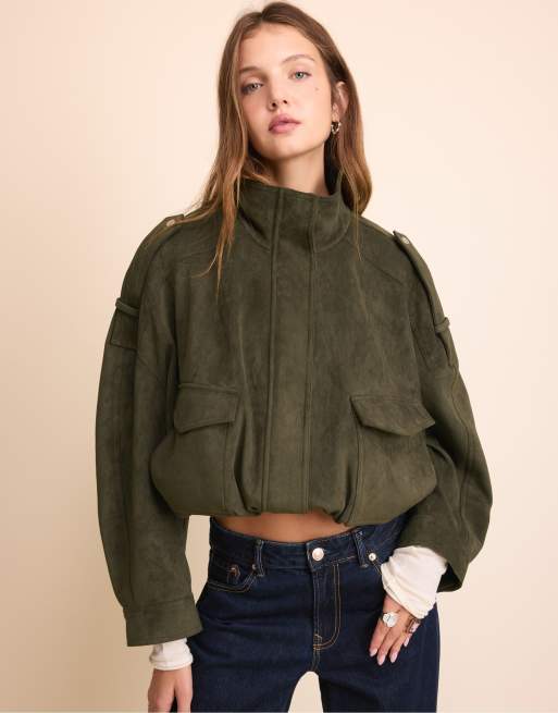 Stradivarius oversize-jacka i mockaimitation i khaki, 2 av 7