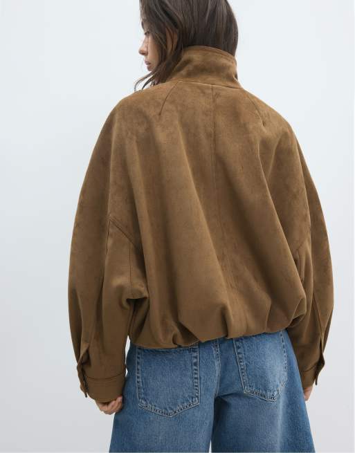 Stradivarius oversize-jacka i mockaimitation i stenfärg, 3 av 7