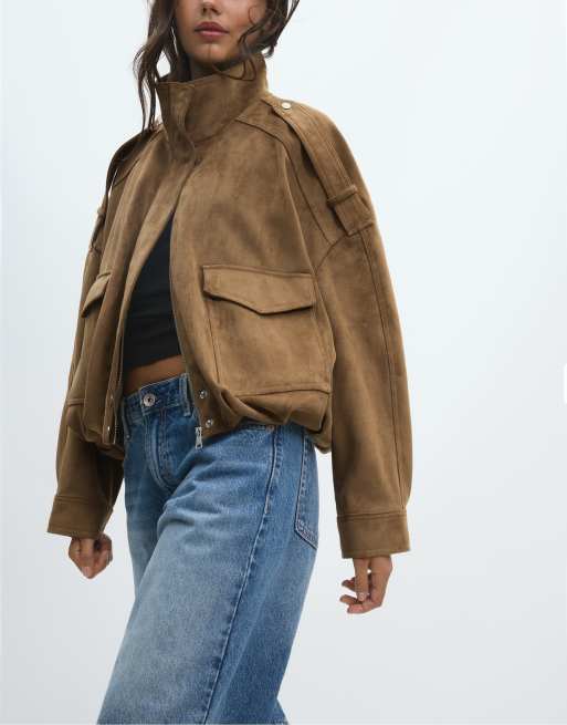 Stradivarius oversize-jacka i mockaimitation i stenfärg, 5 av 7
