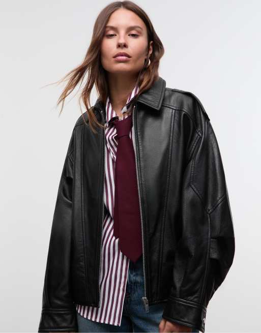 Stradivarius – Oversize-Jacke aus 100% Leder in Schwarz, 4 von 4