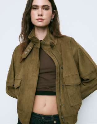 Stradivarius - Oversize-Jacke aus Wildlederimitat in Olivgrün