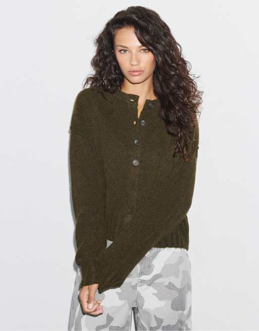 Stradivarius Oversize knit cardigan in khaki, 4 of 7
