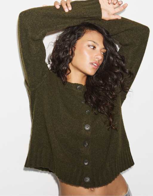 Stradivarius Oversize knit cardigan in khaki, 5 of 7