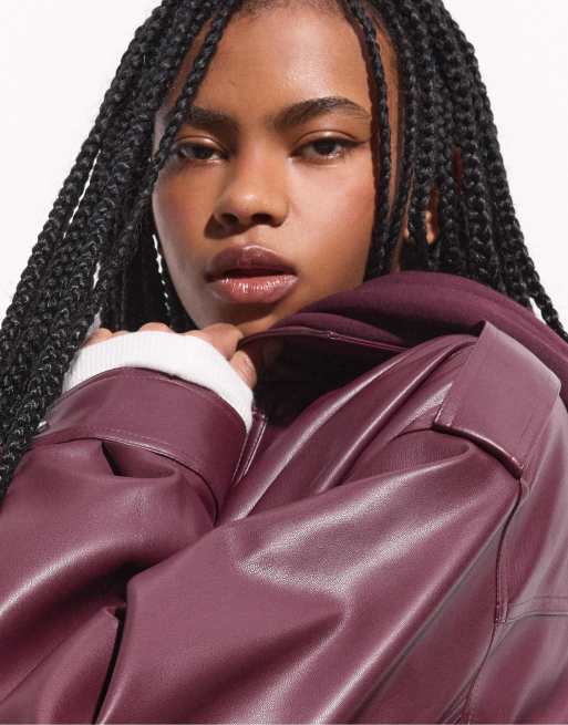 Stradivarius Oversize leather effect biker jacket in burgundy, 2 of 4