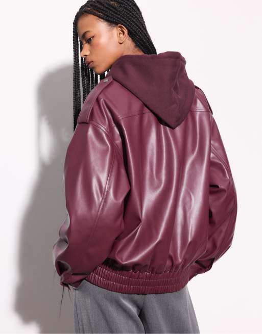 Stradivarius Oversize leather effect biker jacket in burgundy, 3 of 4