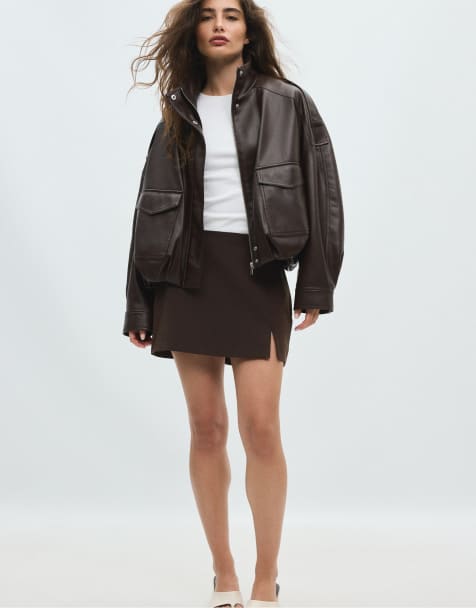 Stradivarius Oversize leather effect jacket in brown - view 1