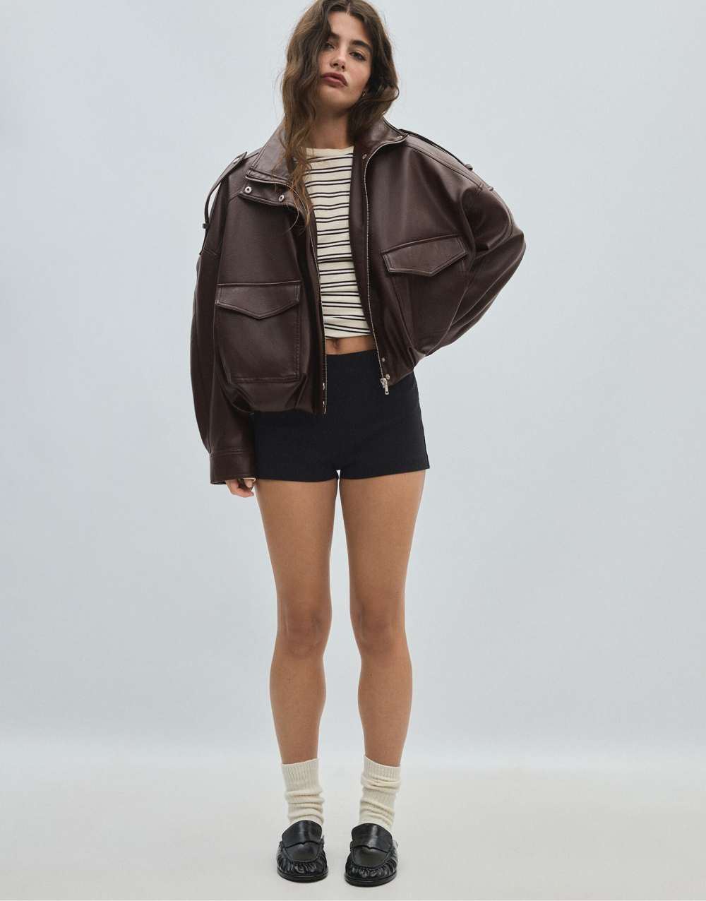 Stradivarius Oversize leather effect jacket in brown
