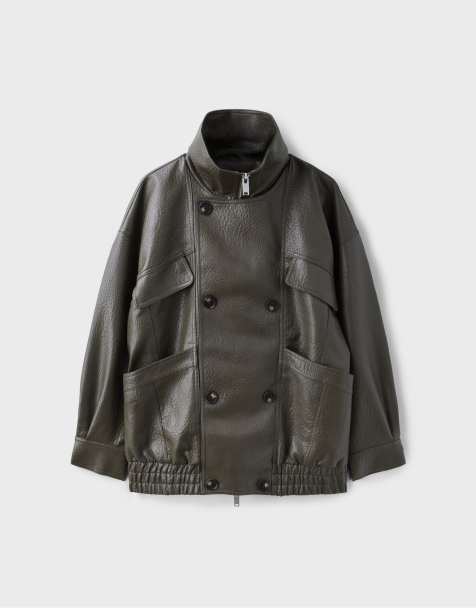 Stradivarius Oversize leather effect jacket in khaki - view 1