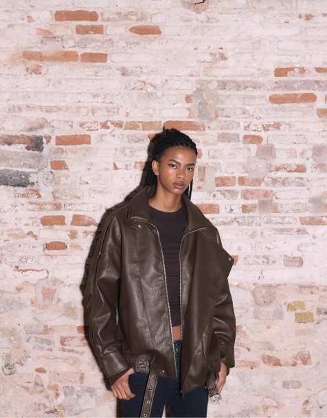 Stradivarius Oversize leather effect jacket with collar in brown
