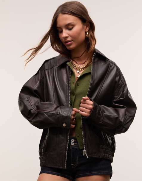 Stradivarius Oversize leather jacket in brown - view 1