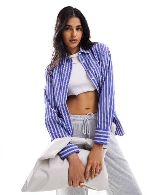 Stradivarius – Oversize-Popeline-Hemd in Mittelblau mit Streifen