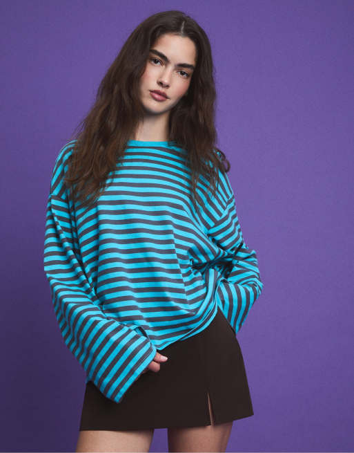 Stradivarius oversize randig långärmad t-shirt i turkos, 5 av 7