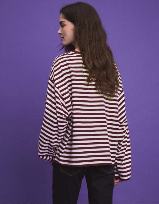 Stradivarius oversize randig t-shirt med långa ärmar i lila, 3 av 7