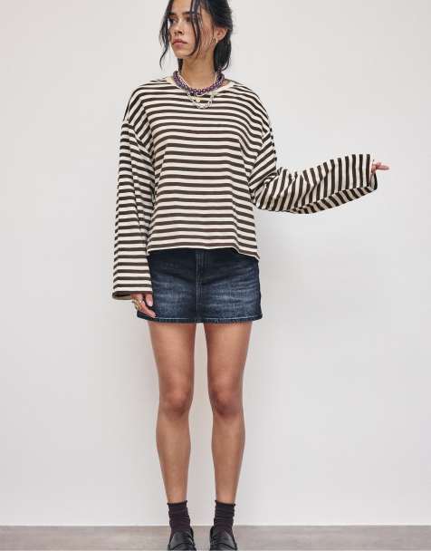 Stradivarius oversize randig t-shirt med långa ärmar i naturvit - view 1