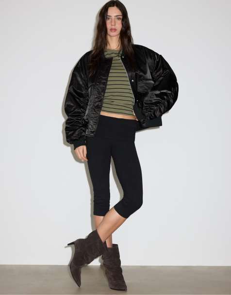 Stradivarius Oversize satin bomber jacket in black - view 1