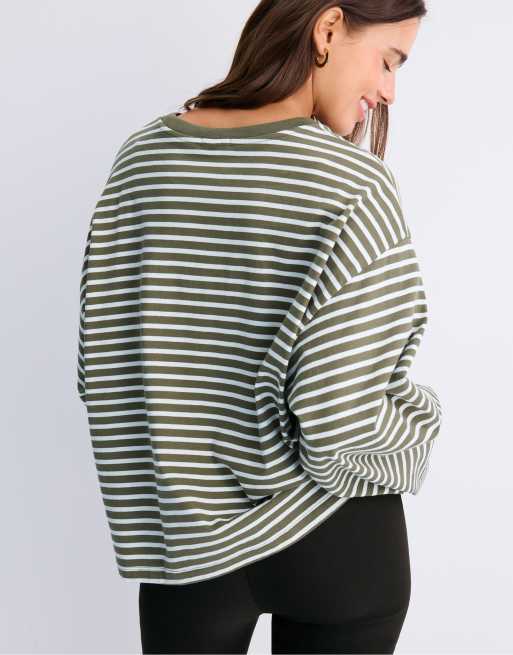 Stradivarius Oversize striped long sleeve t-shirt in khaki, 3 of 7
