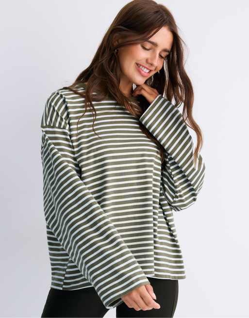 Stradivarius Oversize striped long sleeve t-shirt in khaki, 5 of 7