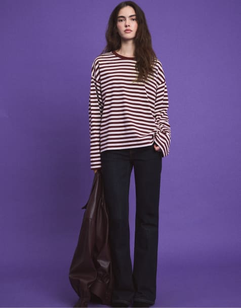 Stradivarius Oversize striped long sleeve t-shirt in purple - view 1