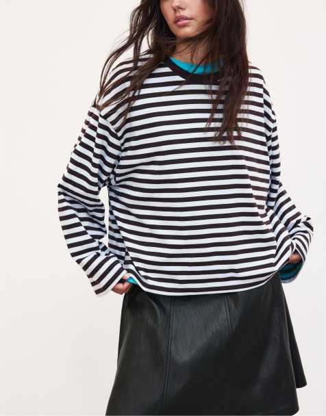 Stradivarius Oversize striped long sleeve t-shirt in sky blue