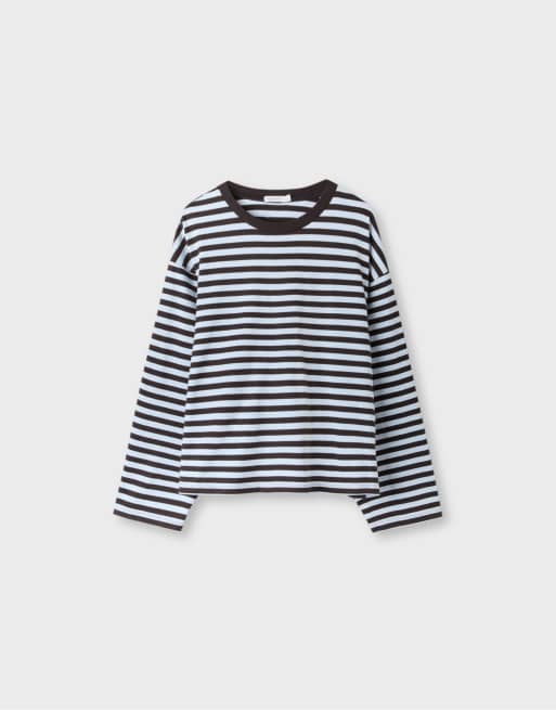 Stradivarius Oversize striped long sleeve t-shirt in sky blue, 6 of 7