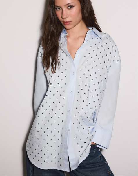 Stradivarius Oversize stud shirt in sky blue - view 1